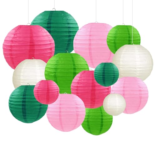Image of Pink Green Paper Lanterns Decorative 15pcs Party Hanging Decorations for Party Birthday Bachelorette Wedding Birthday Baby Shower Summer Themed Party Anniversary Green Pink White Room Decor