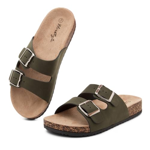 Image of Herstyle Womens Cork Footbed Slides for Women, Double Strap Flat Sandals, Adjustable Buckle Comfort Slip On Shoes, Summer Beach Casual Walking Slippers