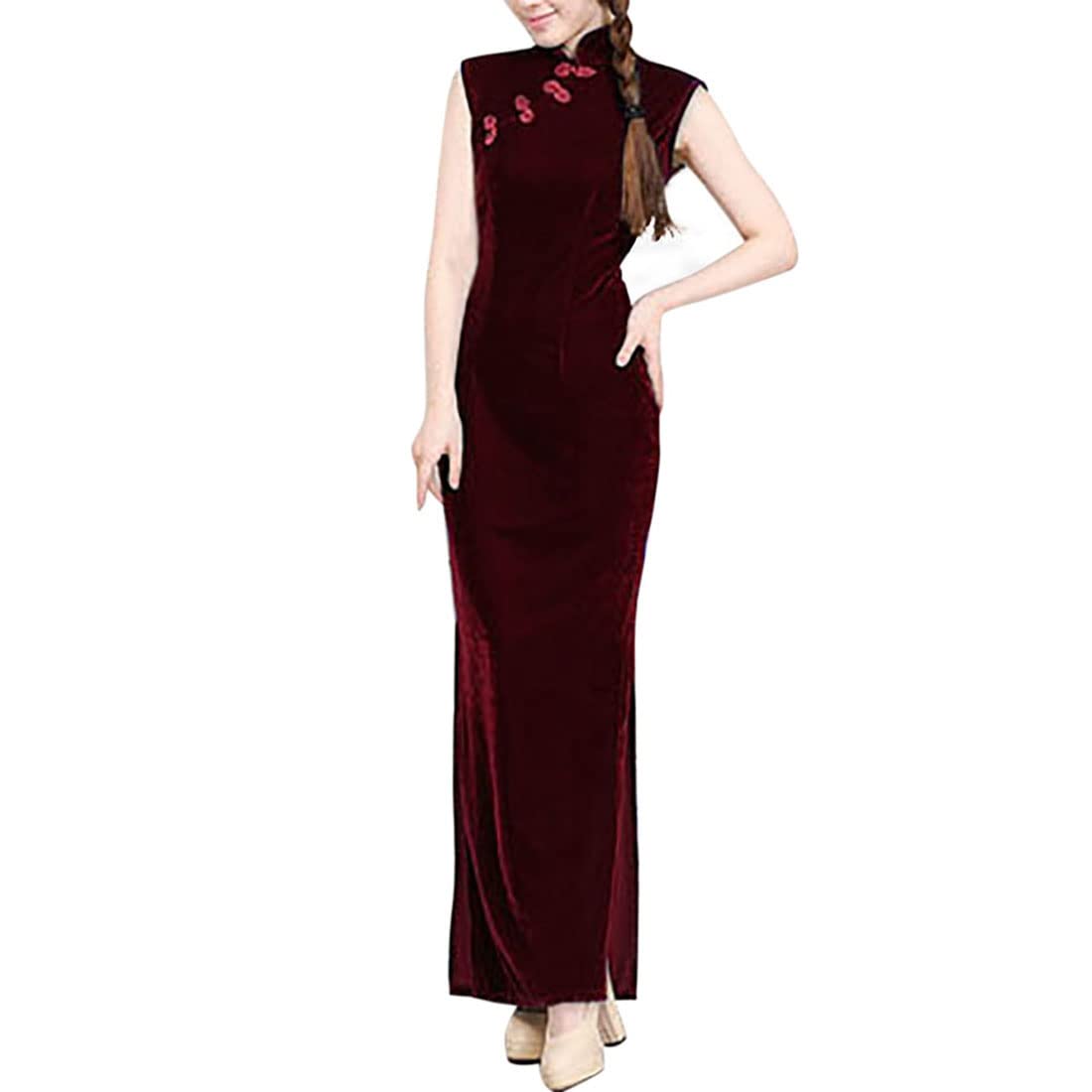 BooWWomen's Elegant Velvet Cheongsam Qipao Dress Chinese Mandarin Collar Side Slit Maxi Dress