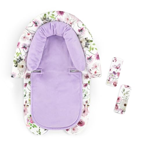 Image of GFU Baby Car Seat Head Support for Newborn, 2 in 1 Infant Car Seat Head Body Support with Strap Pads, Soft Stroller Cushion Pillow Insert for Girls and Boys, Fits for Stroller, Swing, Purple Floral