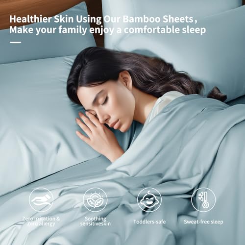 Image of Shilucheng 6 Piece King Sheet Sets, Cooling Sheets, Blend Rayon Derived from Bamboo, Deep Pocket Up to 16 inch, Breathable & Soft Bed Sheets, Hotel Silky Bedding Set, Spa Blue