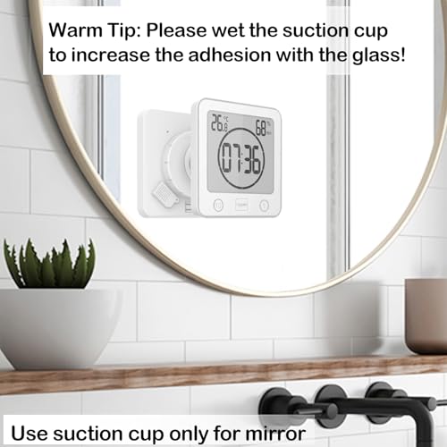 Waterproof Bathroom Wall Clock and Timer, Digital Water Resistant Hanging Timer for Shower, Large Display Kitchen Cooking Countdown Timers, Mirror Suction Clock with Temperature Humidity Meter (White)