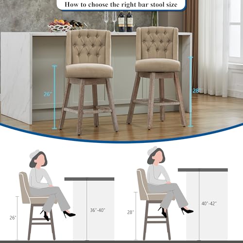 Image of Swivel Bar Stools Set of 2, Counter Height Barstools with Back, Linen Fabric Upholstered Bar Stools, 28 inch Modern Barstools Wood Legs for Kitchen Island Dining Room Bar