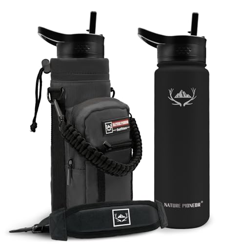 Image of NATURE PIONEOR 24 oz Insulated Water Bottle with Carrier Bag & 3 Lids