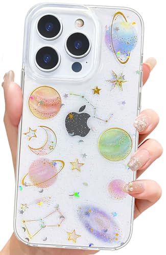 Coque iPhone 16 Pro transparente à paillettes motif planète et étoiles