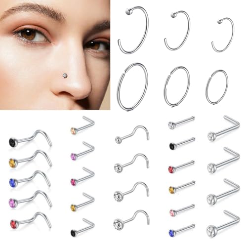 FENQURO 30 Piezas piercing nariz, piercing nariz acero quirurgico, Piercing Nariz Aros Nariz 20G Acero Quirurgico Anillos de Nariz Plata Oro Rosa Mujer Hombre Joyeria Piercing