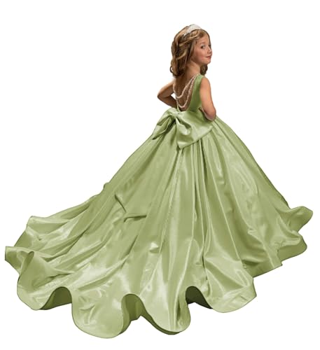 Satin Flower Girl Dress Crystals and Bow Pageant Dresses for Girls Princess Ball Gown