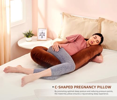 Image of Amazon Basics Full Body Pregnancy Pillow for Maternity, Baby Nursing, Full Body Support -Abdomen,Hip, Spine, Neck& Leg Support Cushion| Perfect Baby Shower Gift |C-Shaped-Washable Cover with Zip-Brown
