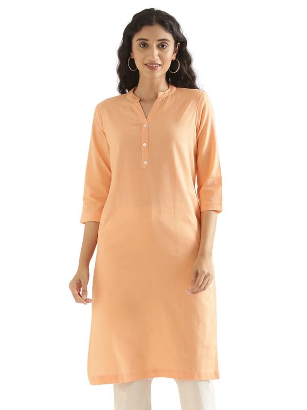 Image of SAADAA Women's Linen Straight Fit Straight Long Kurta Airy Plain Kurta, 3 /4 Sleeve, Knee Length Kurtis with Pockets, Casual and Office Wear