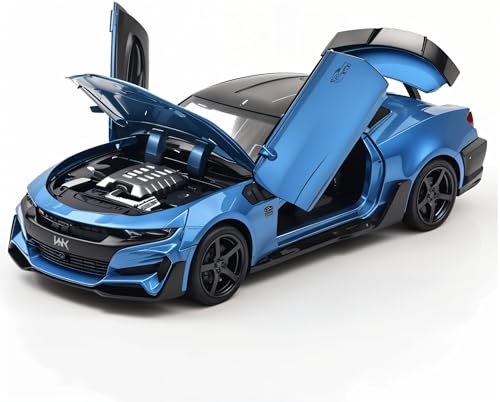 Image of Die-Cast Model Car, 1:32 Scale, Black with Gold Accentsband Hood Pull Back Super Car with Openable Doors Sound and Light for Birthdays Gift Party Decorations (Camaro 1:32)
