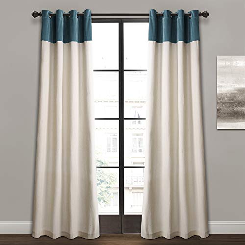 Lush Decor Milo Linen Window Curtain Panel Pair, 84" x 52", Slate Blue and Off-White