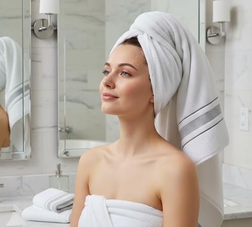 Bath Towel Set_White Towel For Bathroom, Luxury Hotel &Spa Quality, 100% Cotton .Includes 2 Large Bath Towels, 2 Hand Towels and 2 Washcloths.Super Soft, Absorbent & Decorative (White/Grey) - Image 6