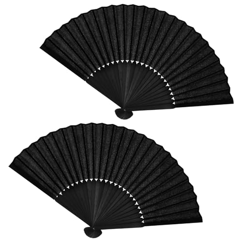 CAIXIANGYU Abanicos plegables negros, 2 pequeños abanicos de mano, abanicos chinos para bodas, actuaciones, danza, decoración y abanicos de verano (Negro)