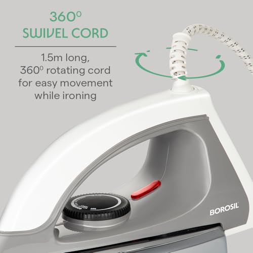 Image of Borosil 1000W MasterPress Dry Iron | BIS Approved | Non-Stick Sole American Heritage Plate with Cool Touch Handle, 360 Swivel Cord | 2-Year Warranty | For Silk, Cotton, Denim & More
