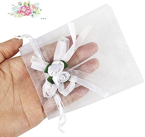 50pcs Wedding Favour Bags, 10x12cm Confetti Gift Bag for Guests, Sheer Organza Drawstring Pouch with White Rose for Bridal Shower Party Wedding Anniversary