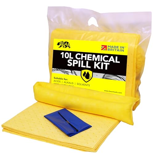 10L Spill Kits (10L Chemical) UK Manufactured, Yellow, Use for Spills Involving Aggressive Chemicals, Acids, Alkalis, For Indoor/Outdoor Use, Clip Top Kit Design.