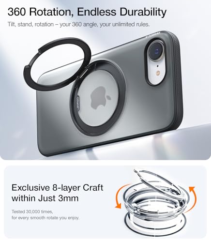 Image of TORRAS 360 Magnetic Stand for iiPhone 17e Case & iPhone 16e, [Fit for MagSafe] [Military-Grade Protection] Translucent Slim Case for iPhone 17e, Obsidian Black, Ostand O3 Fitness Series