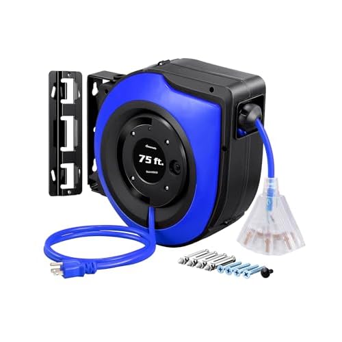 DEWENWILS Retractable Extension Cord Reel, 75 FT Heavy Duty Power Cord, 14/3C SJTOW Retractable Cord Reel, Lighted Triple Outlets, 10A Circuit Breaker, Wall/Ceiling Mount, UL Listed, Blue