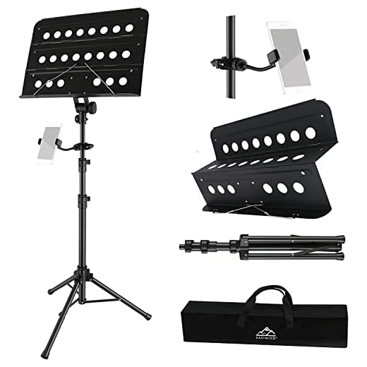 EASTROCK Atril Musica Extensible & Atril Sobremesa 2-EN-1 Ajustable de 106-180cm Soporte para Partituras Plegable con Soporte para Teléfono Móvil