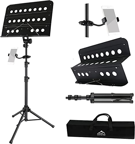 EASTROCK Atril Musica Extensible & Atril Sobremesa 2 EN 1 Ajustable de 106 180cm Soporte para Partituras Plegable con Soporte para Teléfono Móvil