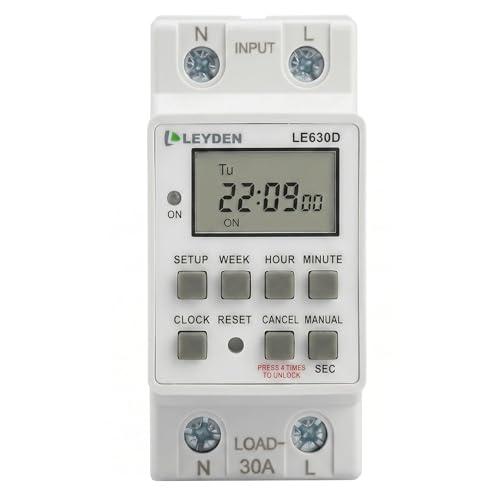 Image of LEYDEN LE630D, 30A 220VAC Digital Timer Switch 20 ON /Off Programs Daily /Weekly, 1-Second Interval Cyclic & Delay Function (1s-24h) for Bell, Siren, Lights, Motors, Fans, Heaters, Irrigation & Fogger