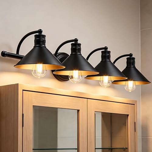 Image of 4 Light Bathroom Vanity Light Over Mirror - Black and Gold Farmhouse Wall Light for Bathroom Vanity Powder Room, Rustic Goose Neck Barn Style 4 Bulb Wall Sconce Over Kitchen Sink