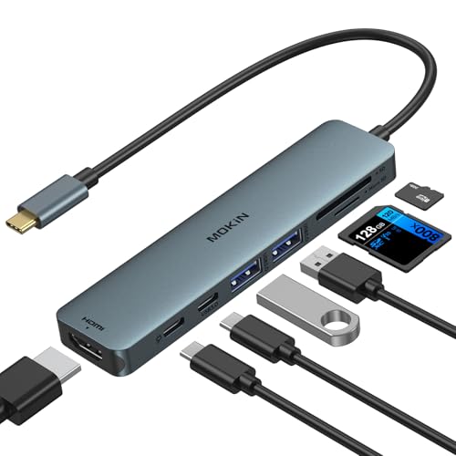 Image of USB C Hub HDMI Adapter for MacBook Pro /Air, MOKiN 7 in 1 USB C Dongle with HDMI, SD /TF Card Reader, USB C Data Port,100W PD, and 2 USB 3.0 Compatible for MacBook Pro /Air, Dell XPS, Lenovo Thinkpad.