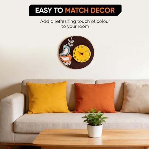 Image of AAKRITI ART CREATIONS Wall Clock Handcrafted Wooden Tribal Art with Birds Motif Brown | Wall Clock for Home, Home Decoration | Floral Art Wall Hanging, Lightweight Wooden wall Decor, Matte Finish