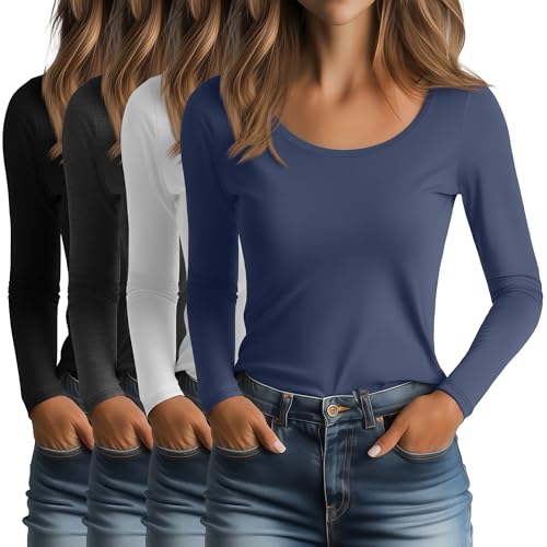 Ficerd 4 Pack Women's Scoop Neck T-Shirts Long Sleeve Cotton Slim Fit Tops Stretchy Tight Casual Basic Layering Shirts Tees