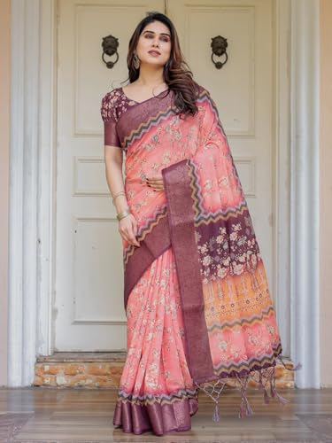 Image of ALMAARI FASHION Floral Printed Cotton Saree for Women with Handloom Zari Weave, Traditional Lightweight Ethnic Saree for Wedding Festive Office Party with Blouse Piece (LINEN 81-90 SH)