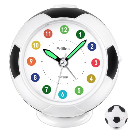 Edillas Wecker Kinder Jungen Mädchen, Fußball Wecker Analog Ohne Ticken mit Licht Schlummerfunktion für Kinder Schlafzimmer Nachttisch Tisch Aufwachenuhr (Schwarz)