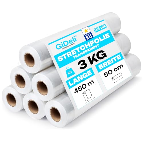 GiDeli Lot de 6 rouleaux de film étirable transparent - 450 m / 50 cm - Matériau d'emballage sur rouleaux - Film pour meubles - Film pour déménagement