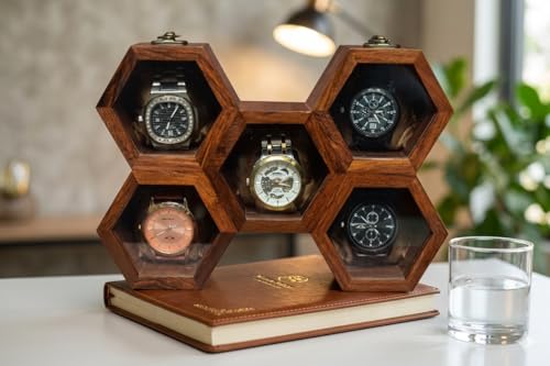 Image of Wooden Watch Box With Honeycomb Design, 5 Compartment Dustproof Storage Case, Handmade Gift Box For Men & Women, Golden Brown Finish, Unique Luxury Watch Organizer