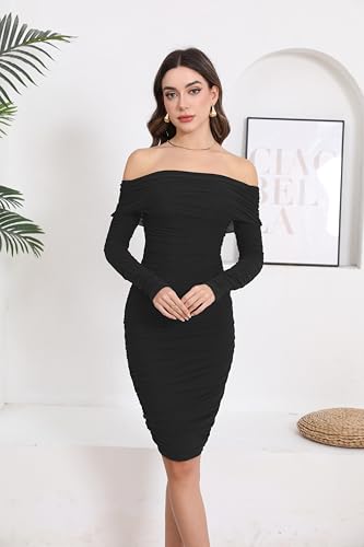 Image of Fooullaide Women's Sexy Off Shoulder Sleeveless Bodycon Ruched Midi Dress | Stretchy, Breathable, Mesh, Not See-Through, Elegant,Formal Gown, Cocktail, Evening, Party, Night Out Tube Dresses