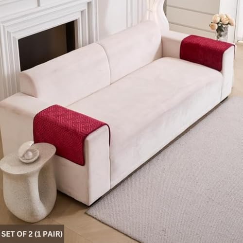 Image of HOMETHREADS Innovative Premium Velvet Sofa Cover Mat with PVC Backing for Non-Slip Comfort | (Maroon Vrsh, 2Pc Armrest Mat | 70x50cm)