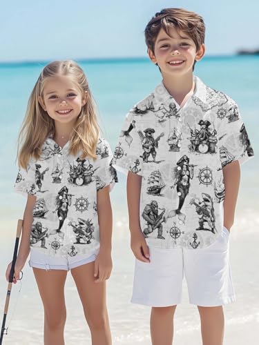 Image of THE PIRATE KING Funny Pirate Hawaiian Shirt Boys Girls Beach Tropical Casual Short Sleeve Button Down Shirt for 5-14 Years