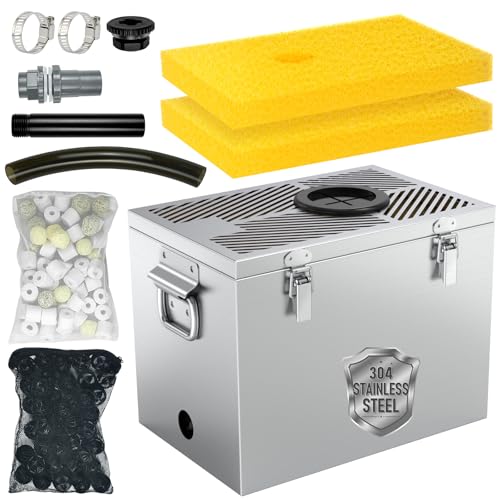 VCRAZE Stainless Steel Pond Filter Box with 3-Stage Filtration Includes Filter Sponges Ceramic Rings & Bio-Balls Fish Pond Filter for Outdoor Ponds Garden Waterfall Fountain & Water Feature