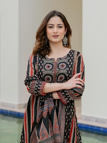 Image of Arayna Women's Pure Cotton Printed Kurta Pant Dupatta Set | Ajrakh-Inspired Ethnic Suit Set | Straight Fit 3-Piece Set for Women