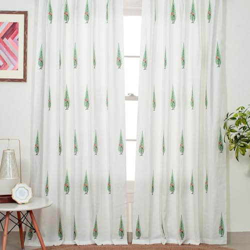 Image of Tranquebar Curtain Co. Cotton Curtains 7 Feet Long Set of 2, 60-65% Room Darkening, Coral & Green Ethnic Curtains Bird Print, Door Curtains 7 Feet Set of 2, with Eyelet, Tori (213 cm) - Set of 2