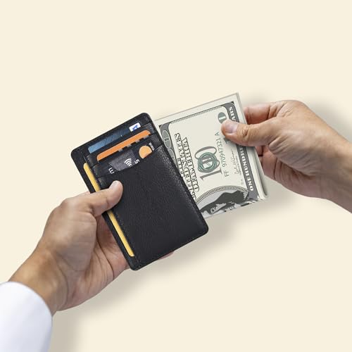 Image of Oak Leathers Leather Slim Minimalist Wallet for Men & Women RFID Front Pocket Leather Card Holder Wallets (Nappa Black)