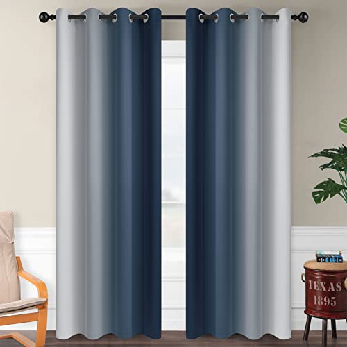 Image of SimpleHome Ombre Navy Blue to Grey White Curtains for Living Room 52Wx84L | Room Darkening Curtains for Bedroom,Gradient Light Blocking Curtain,Thermal Insulated Grommet Window Drapes,2 Panels,84 Inch