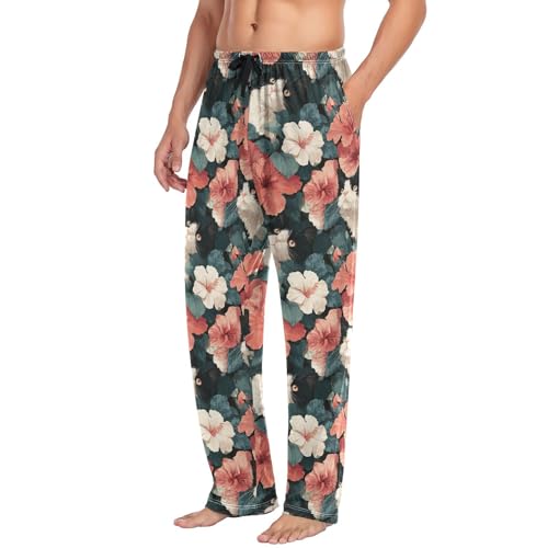 ALAZA Hibiscus Flowers Cute Cats Men’s Pajama Pants Soft Long Sleep Pants Lounge Pajama Bottoms with Pockets4
