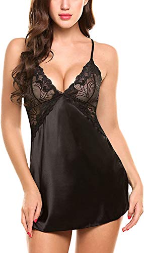 LAMUCH Lencería para Mujer Ropa de Dormir con Cuello en V Satén Ropa de Dormir Encaje Chemise Mini Teddy