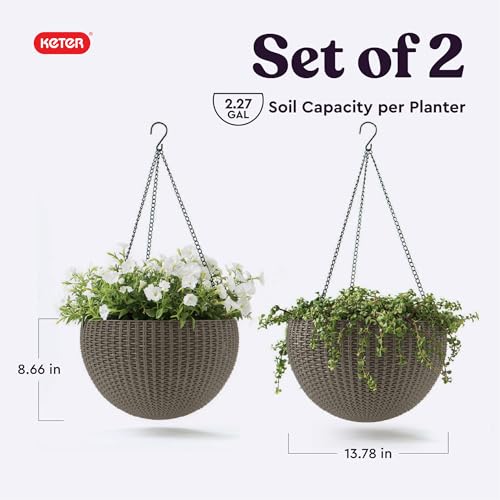 Keter Resin Rattan Set of 2 Round Hanging Planter Baskets for Indoor and Outdoor Plants-Perfect for Porches and Patio Decor, Cappuccino - Image 3