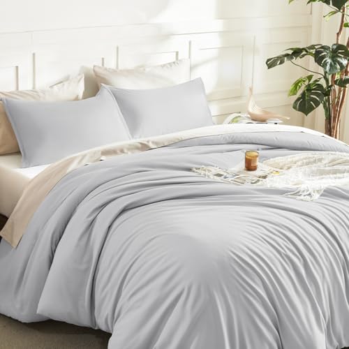 Image of Litanika Light Grey Comforter Queen Size, 3 Pieces Lightweight Solid Bedding Comforter Set, All Season Fluffy Bed Set (90x90In Comforter & 2 Pillowcases)