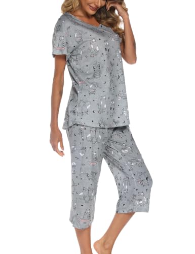 Image of ENJOYNIGHT Womens Pajama Sets Cotton Pj Set Short Sleeve Top With Capri Pants Sleepwear 2 Piece Lounge Set