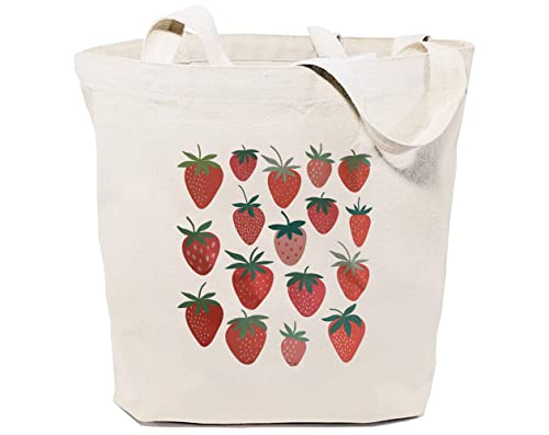 GXVUIS Strawberry Canvas Tote Bag for Women Aesthetic Reusable Grocery Shoulder Bags for Shopping Travel Gift for Girls White
