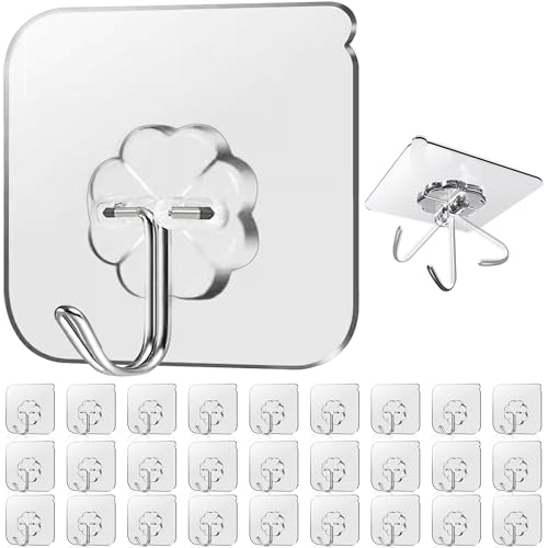 Lahedomege 28 Pack Sticky Hooks for Hanging Heavy Duty, Wall Hooks Adhesive, Clear self Adhesive...
