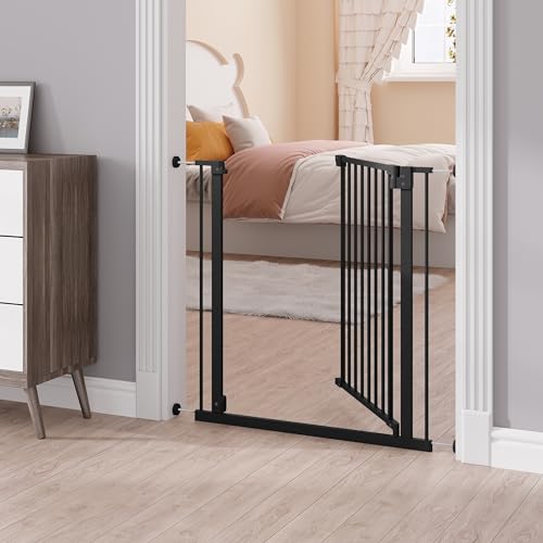 WOLTU Treppenschutzgitter 75–87 cm, Türschutzgitter aus Metall, mit/ohne Bohren, Auto-Close, 90°-Stopp, beidseitig schwenkbar, 2 Riegel, einhändig zu öffnen,Schwarz