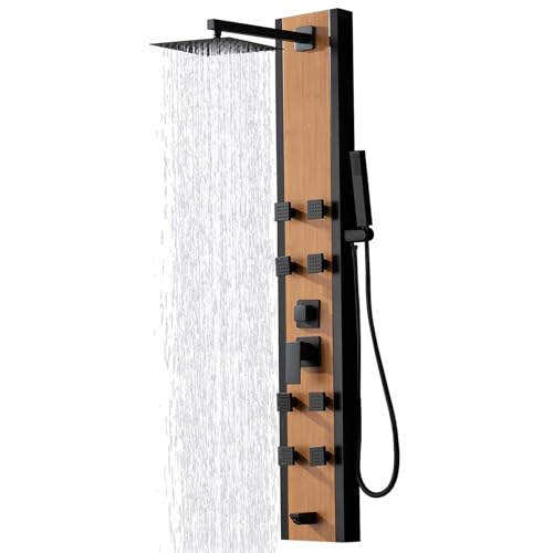 Bathfinesse Shower Tower Shower Wall Panels Bamboo Wood and Stainless Steel with 8 Body Jets Massage and Adjustable Head Handheld Wand and Tub Spout Shower Column Wall Mount - Thumbnail 2